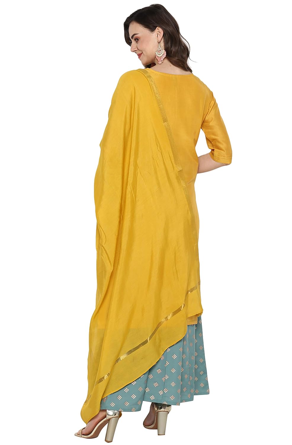 Janasya Women's Yellow Poly Muslin Kurta With Palazzo and Dupatta