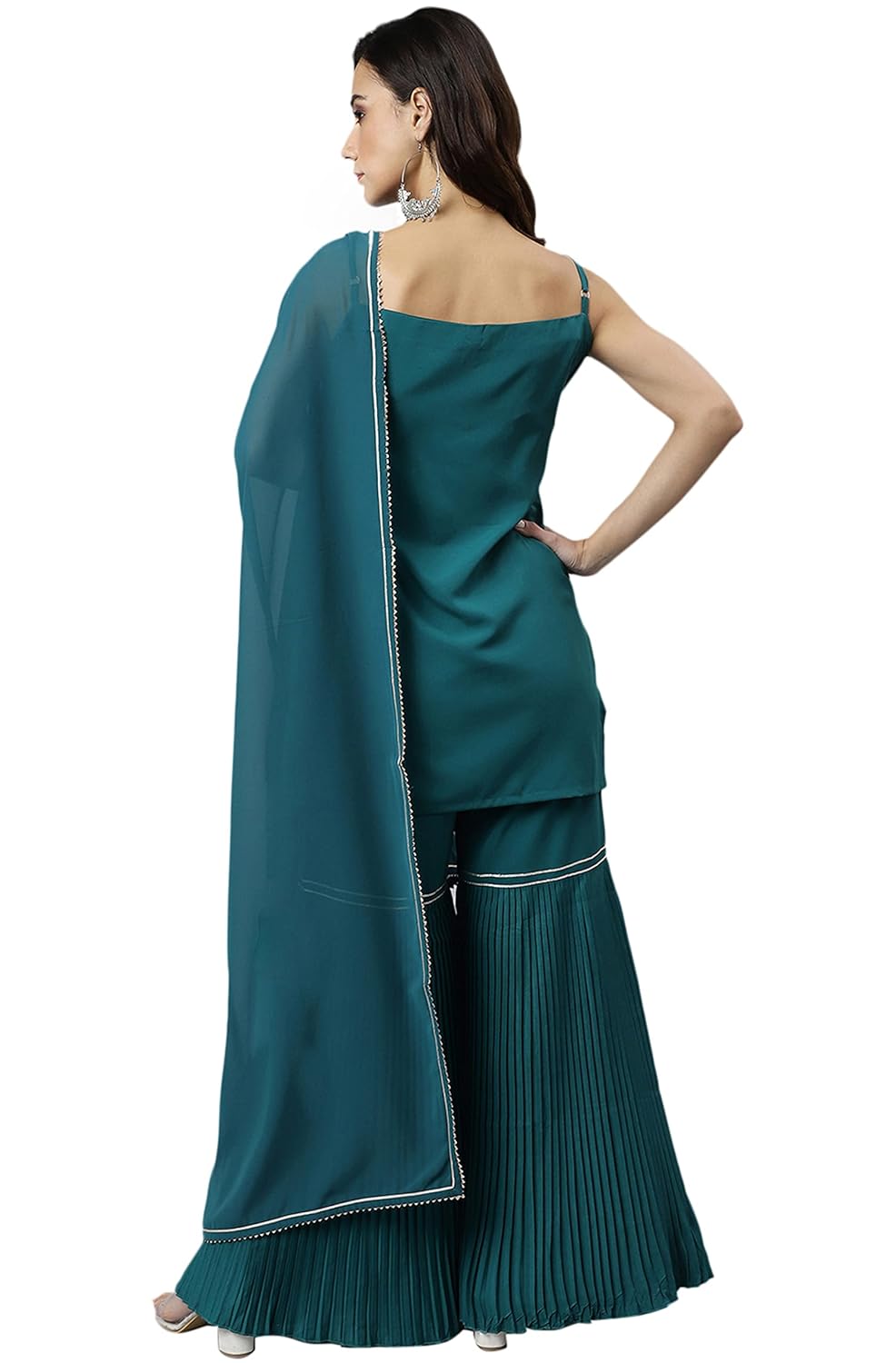 Janasya Women's Teal Green Crepe Gotta Lace Kurta with Sharara and Dupatta