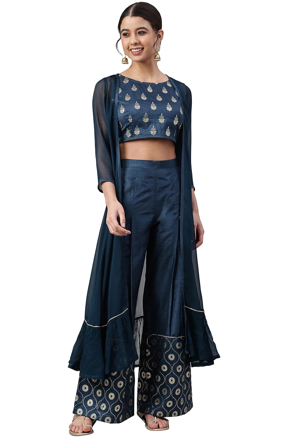 Janasya Women's Teal Poly Silk Foil Print Crop Top with Palazzo and Jacket