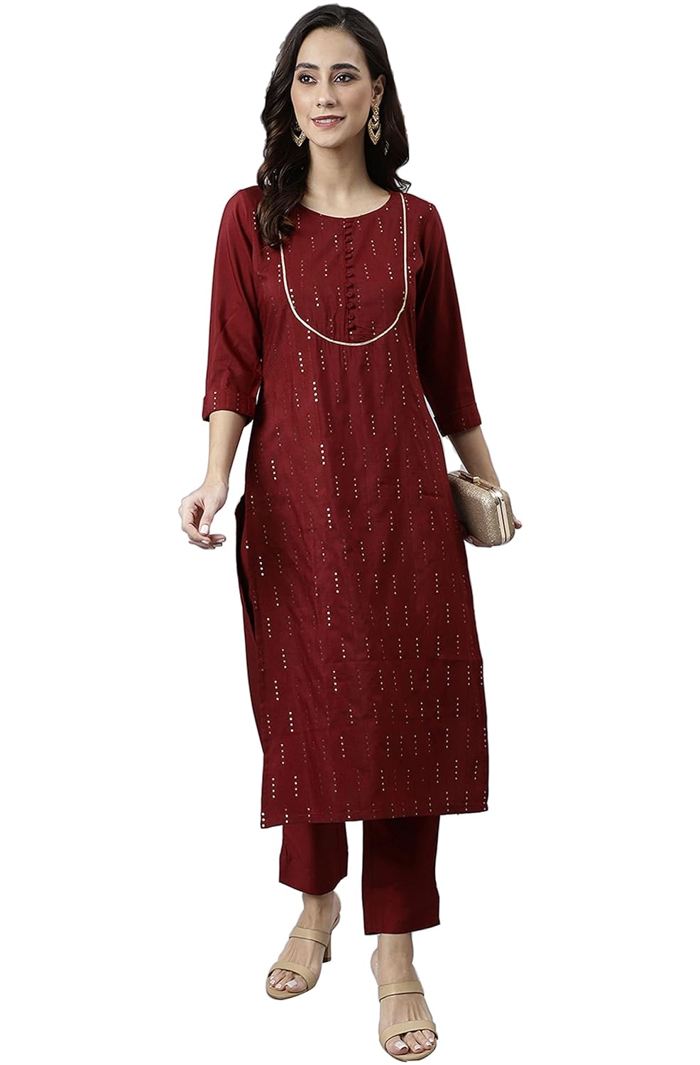 Janasya Women's Maroon Poly Silk Sequined Kurta with Pant