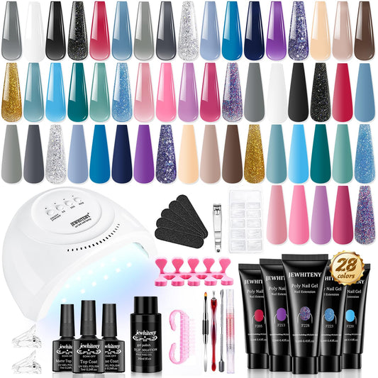JEWHITENY 28 Colors Poly Nail Gel Kit Nude Pink pink Blue Yellow purple Glitter All In One Poly Extension Gel Starter Kit Poly Nail Gel Kit With U V Light Base Top Coat Gift For Women