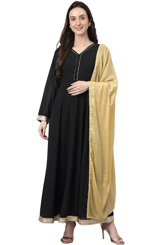 Janasya Women's Black Georgette Solid Kurta with Dupatta