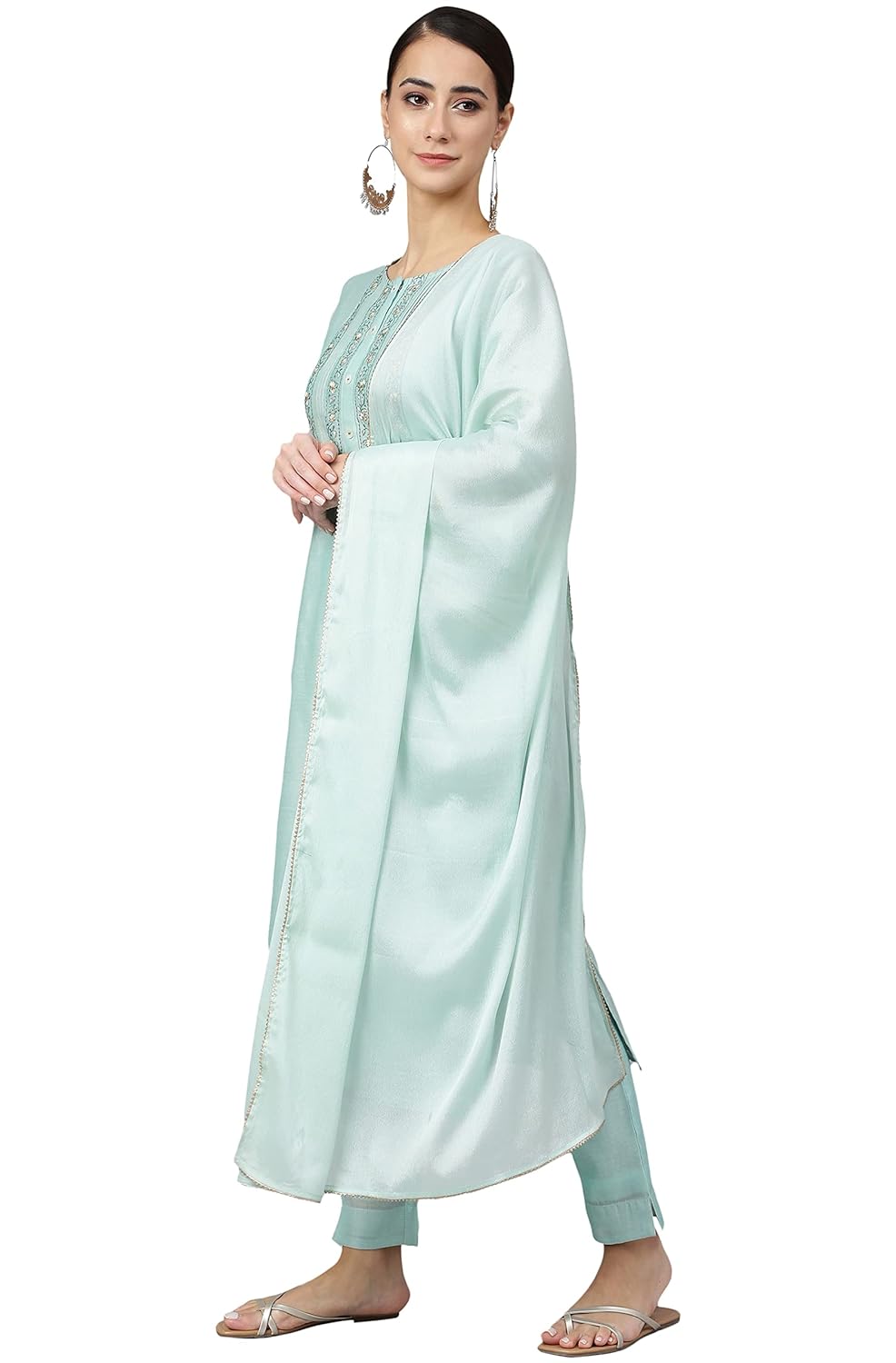 Janasya Women's Sea Blue Chanderi Silk Solid Kurta with Pant and Dupatta