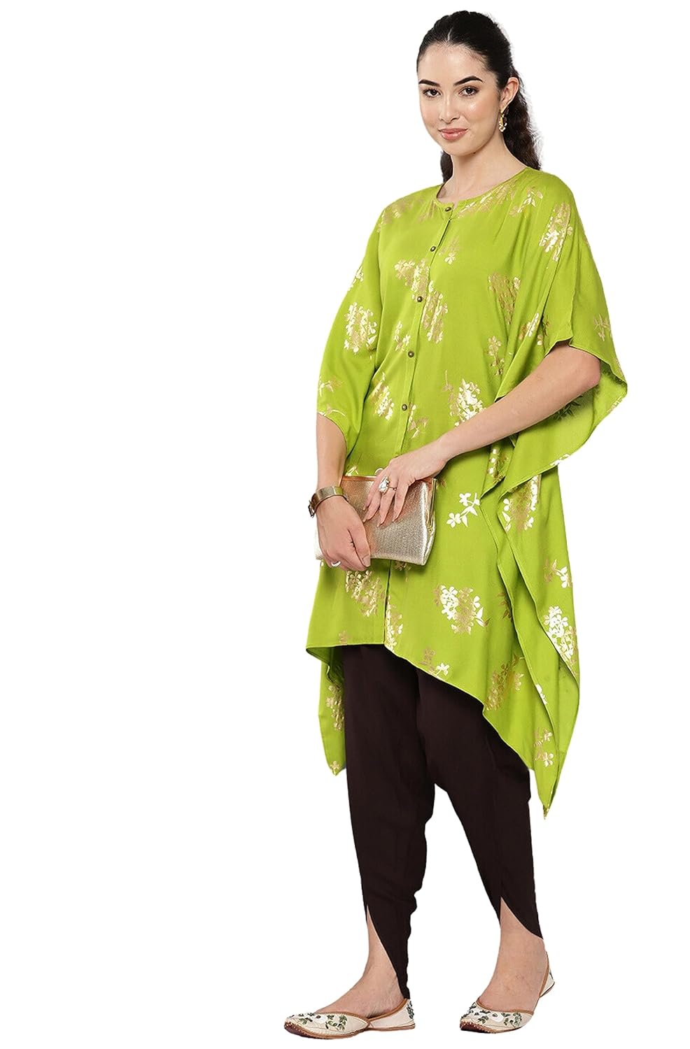 Janasya Women's Lime Green Rayon Foil Printed Kaftan Kaftan Kurta with Tulip Pant