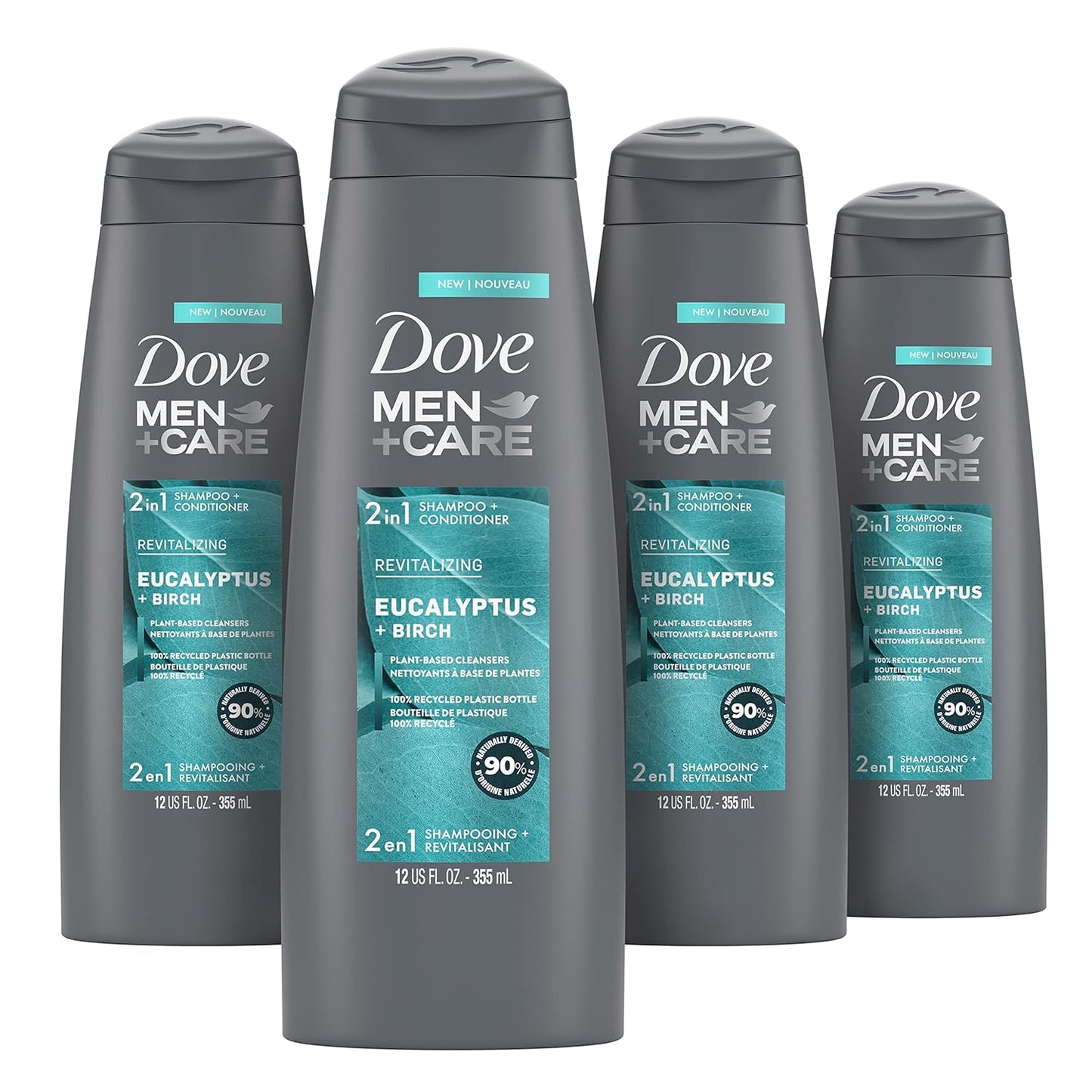 DOVE MEN + CARE 2 in 1 Shampoo & Conditioner Eucalyptus & Birch 4 Count For Healthy-Looking Hair Naturally Derived Plant Based Cleansers 12 oz