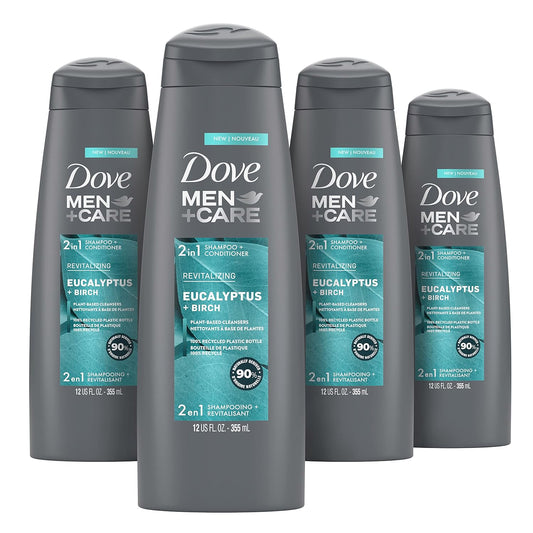 DOVE MEN + CARE 2 in 1 Shampoo & Conditioner Eucalyptus & Birch 4 Count For Healthy-Looking Hair Naturally Derived Plant Based Cleansers 12 oz