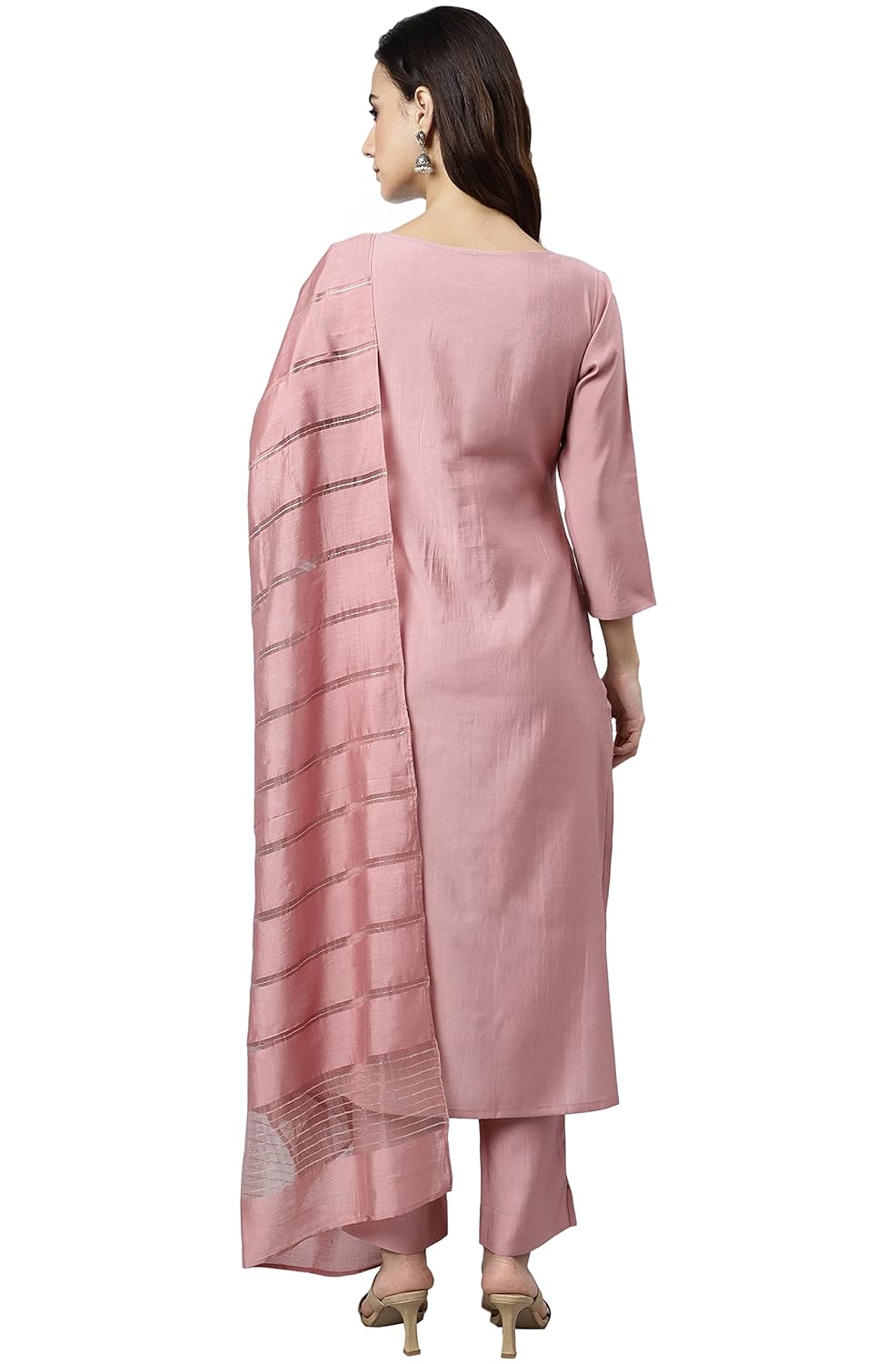 Janasya Women's Light Pink Poly Silk Embroidered Kurta with Pant and Dupatta