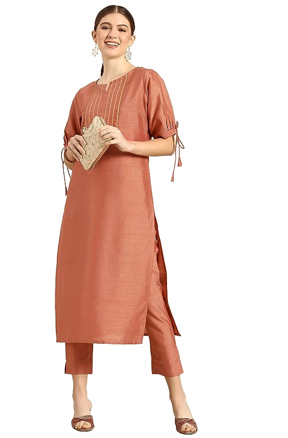 Janasya Women's Peach Poly Silk Kurta With Pant