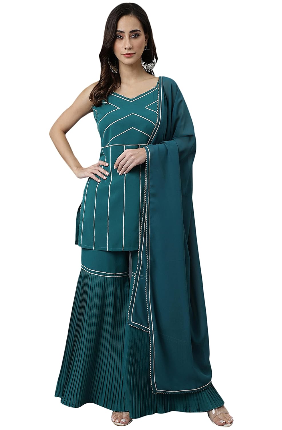 Janasya Women's Teal Green Crepe Gotta Lace Kurta with Sharara and Dupatta