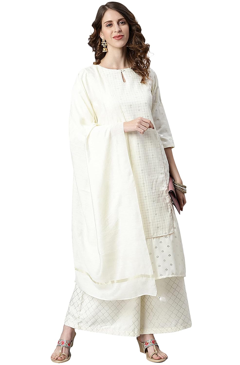Janasya Women's Off- White and Silver Poly Silk Kurta With Palazzo and Dupatta