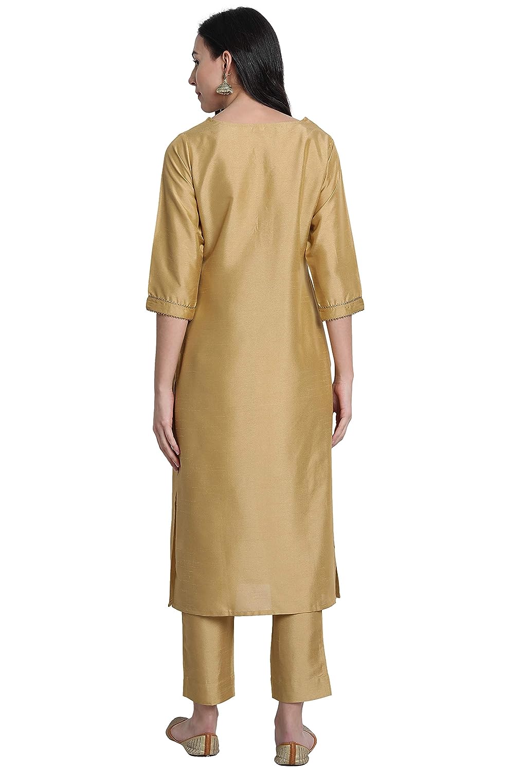 Janasya Women's Gold Poly Silk Solid Kurta with Pant and Dupatta Gold