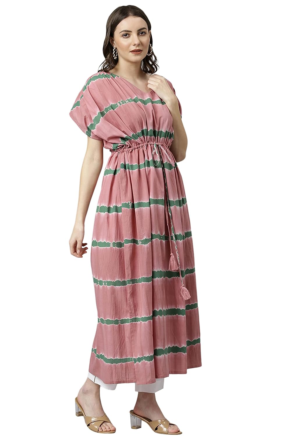 Janasya Women's Pink Cotton Kaftan