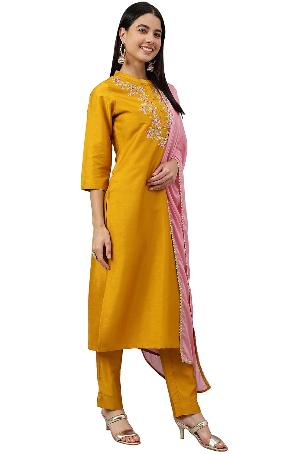 Janasya Women's Mustard Poly Silk Solid Kurta with Pant and Dupatta (Pink)