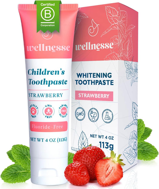 Wellnesse Kids Hydroxyapatite Toothpaste & Fluoride-Free - Natural Ingredients w/Strawberry Flavor - Suitable for Toddlers to Baby Kids Toddler - Sensory Friendly, Vegan & Cruelty-Free