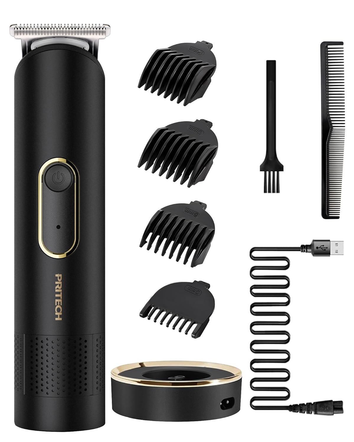 PRITECH Hair Trimmer for Men, Beard Trimmer, Rechargeable Hair Clippers, Cordless Home Haircut Kit, Waterproof Body Trimmer, Groin Hair Trimmer with Standing Recharge Dock(Black)