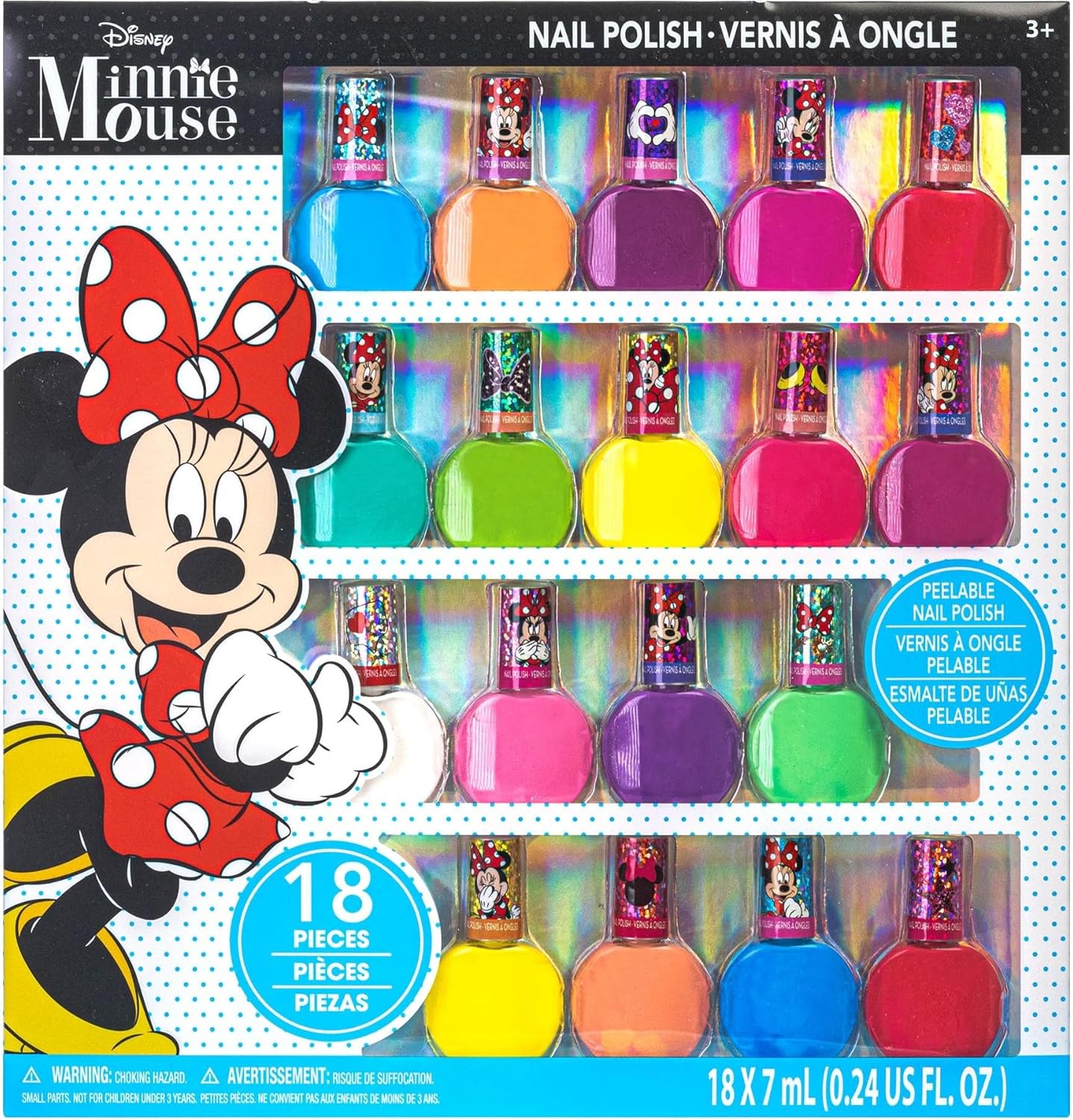 Townley Girl Disney Minnie Mouse Non-Toxic Peel-Off Nail Polish Set for Girls, Glittery and Opaque Colors,18 Pcs|Perfect for Parties Sleepovers Makeovers| Birthday Gift for Girls 3 Yrs+