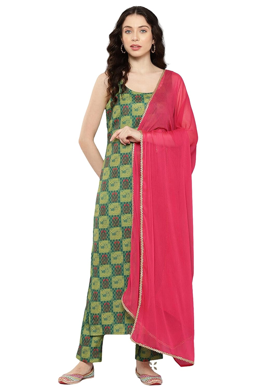 Janasya Women's Green Moss Digital Printed Kurta with Pant and Dupatta