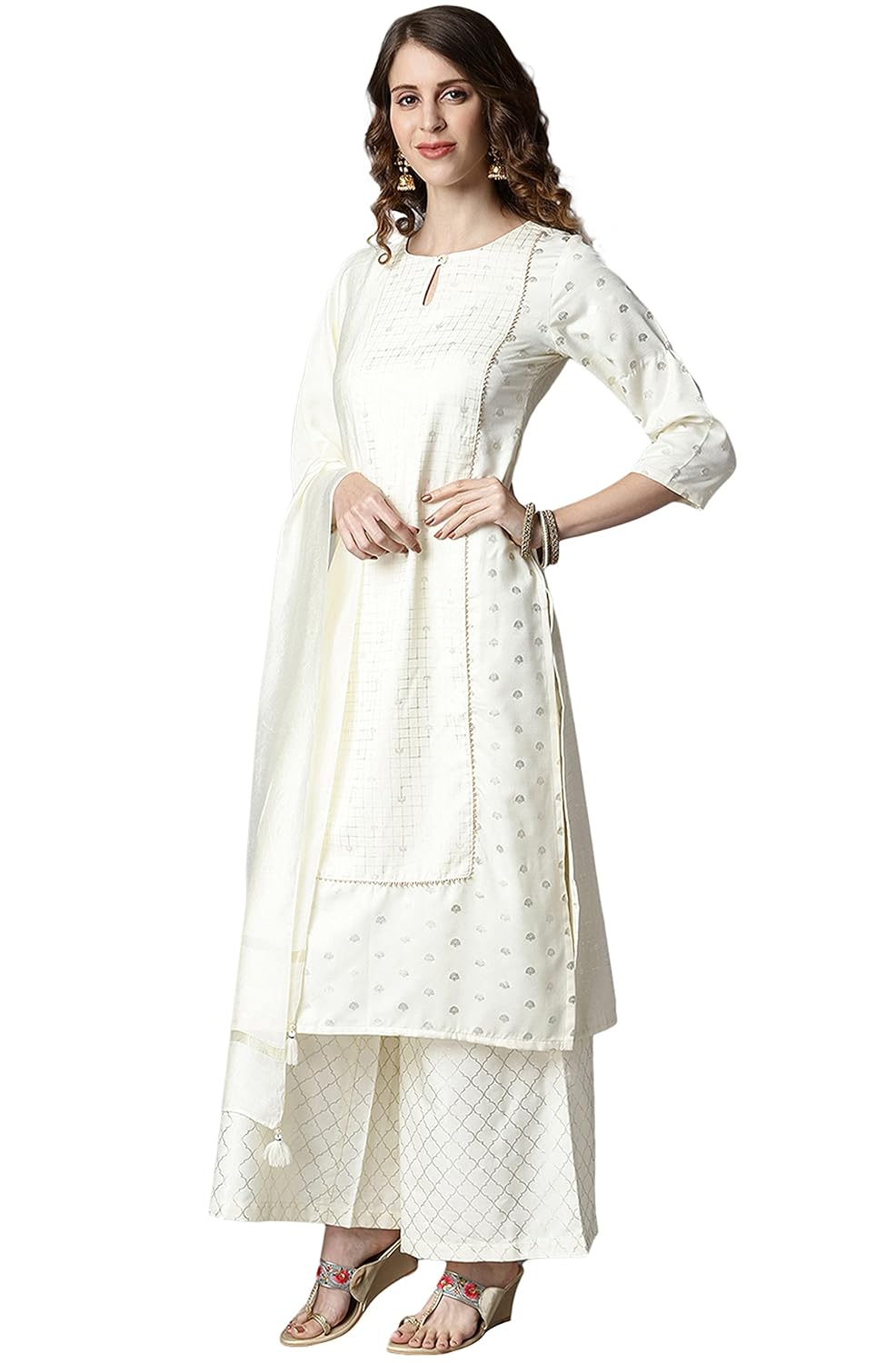 Janasya Women's Off- White and Silver Poly Silk Kurta With Palazzo and Dupatta