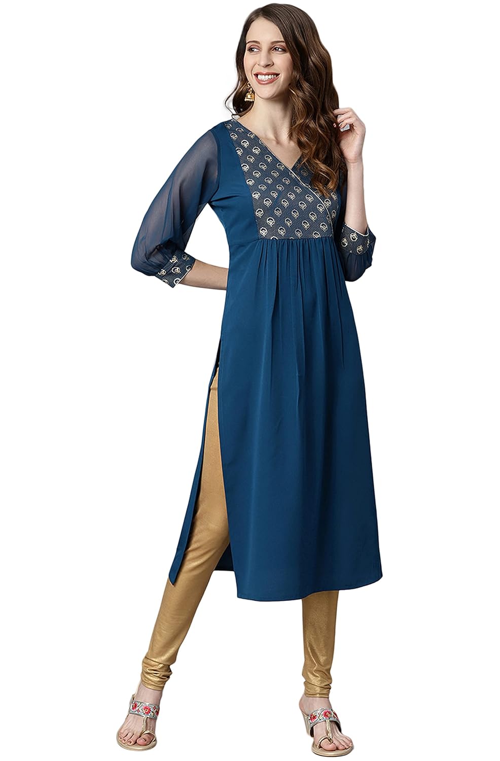 Janasya Women's Teal Poly Crepe Kurta