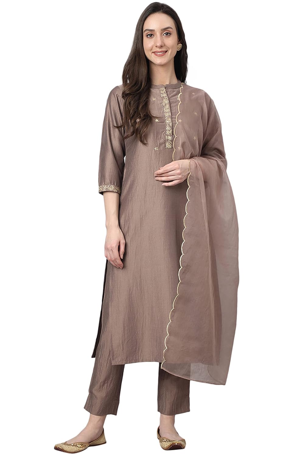 Janasya Women's Brown Chinon Solid Kurta with Pant and Dupatta