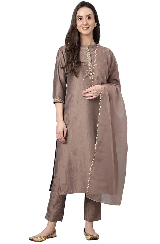 Janasya Women's Brown Chinon Solid Kurta with Pant and Dupatta