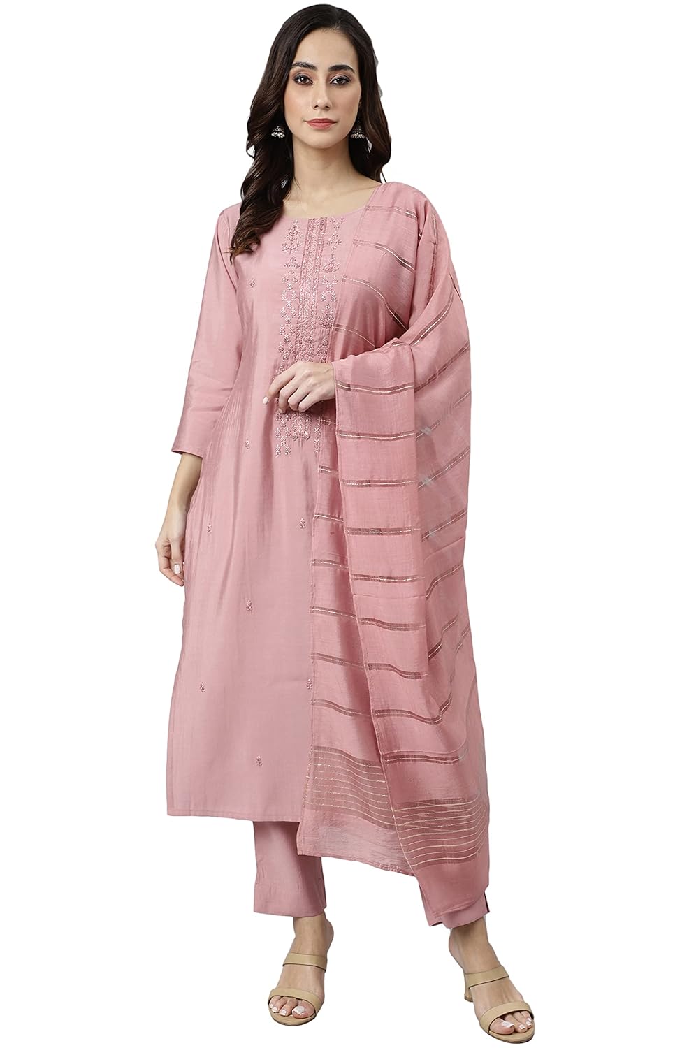 Janasya Women's Light Pink Poly Silk Embroidered Kurta with Pant and Dupatta