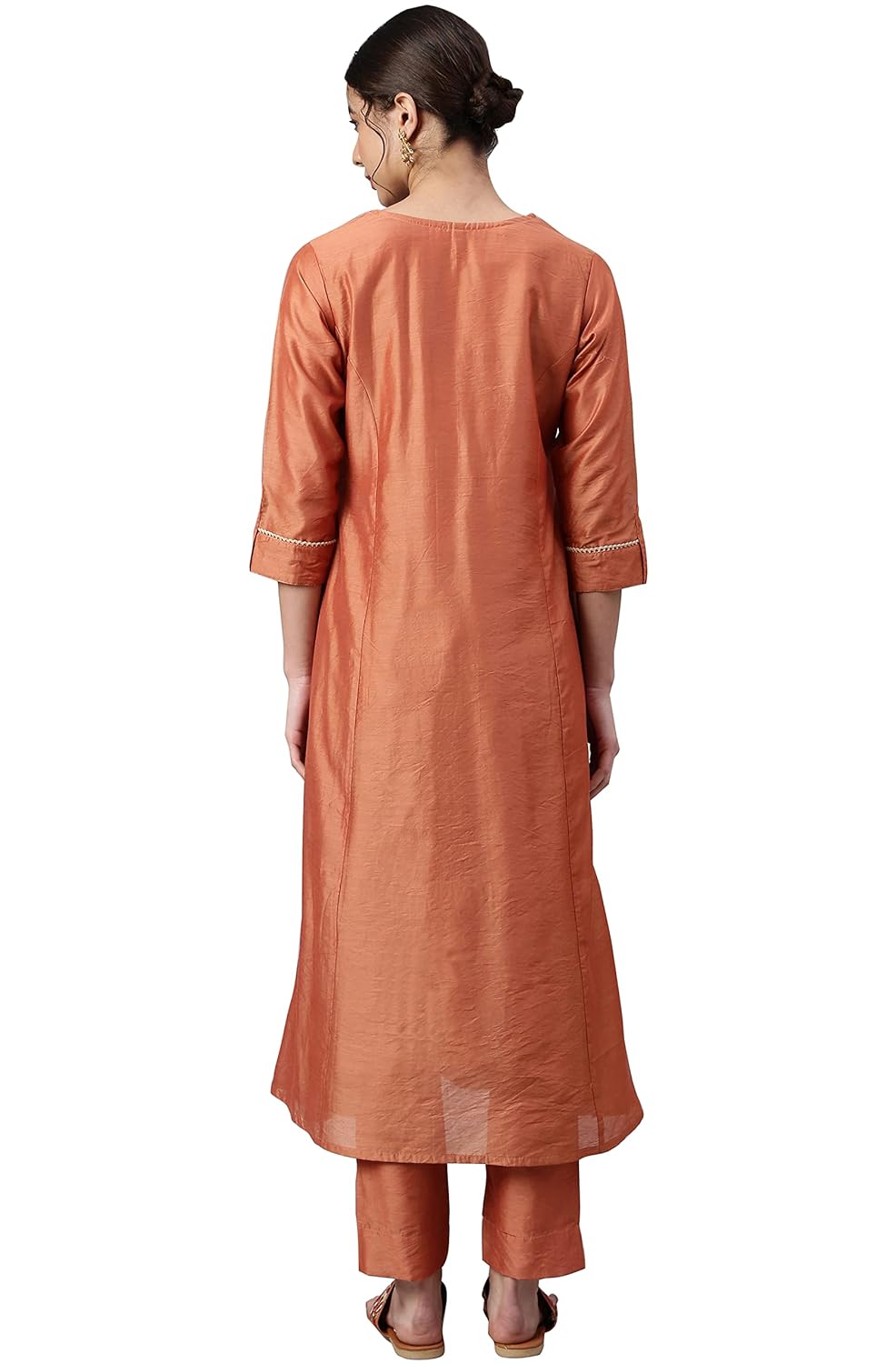 Janasya Women's Rust Orange Poly Silk Embroidered Kurta with Pant