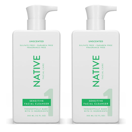 Native Sensitive Face Wash 12 fl oz (2 Pack), Unscented Facial Cleanser with Aloe and Vitamin B3, Daily Face Cleanser for Sensitive Skin - 2 Pack, (12 fl oz each)