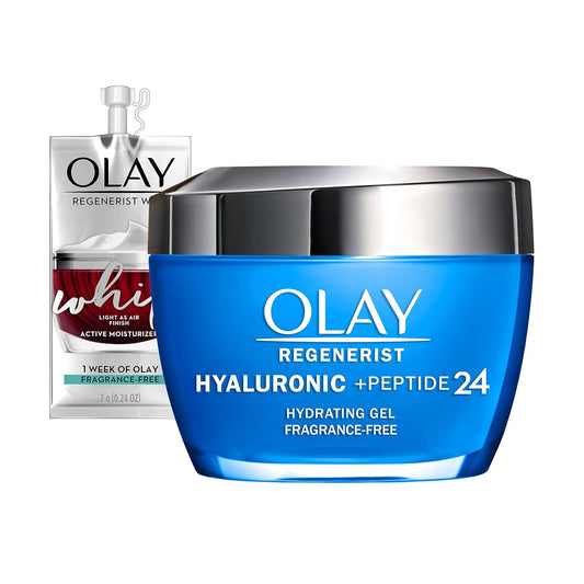 Olay Regenerist Hyaluronic Acid + Peptide 24 Gel Face Moisturizer for All Day Skin Hydration, Fragrance-Free, 1.7 oz with Niacinamide, includes Olay Whip Travel Size for Dry Skin