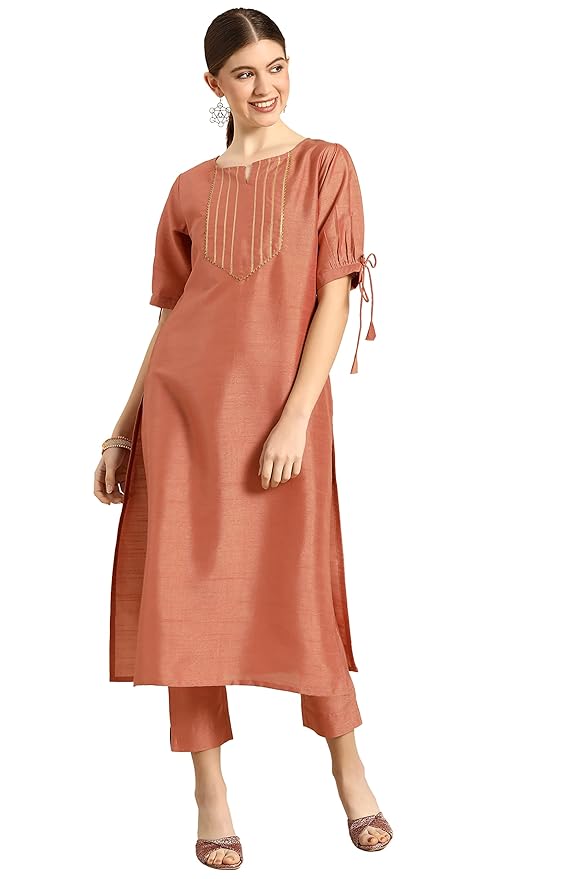 Janasya Women's Peach Poly Silk Kurta With Pant