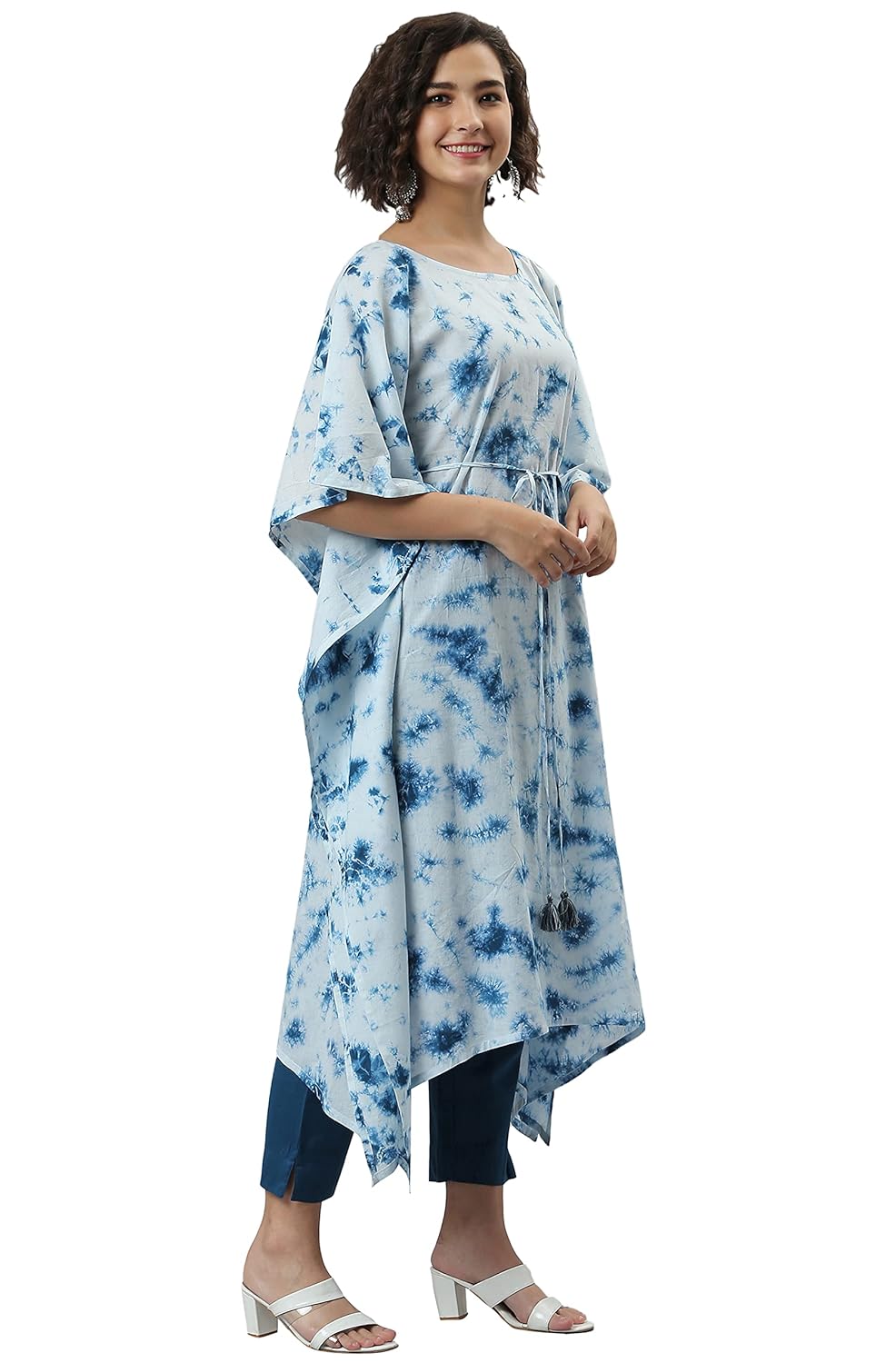 Janasya Women's Sky Blue Cotton Tie-Dye Kaftan Kurta
