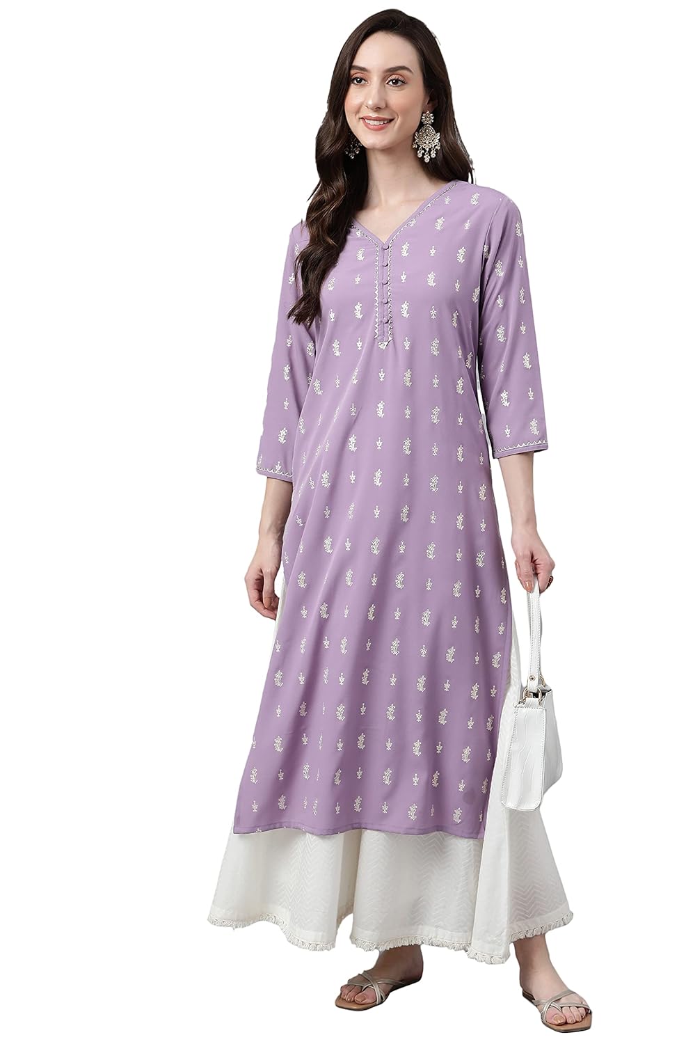 Janasya Women's Red Crepe Floral Foil Print Straight Kurta