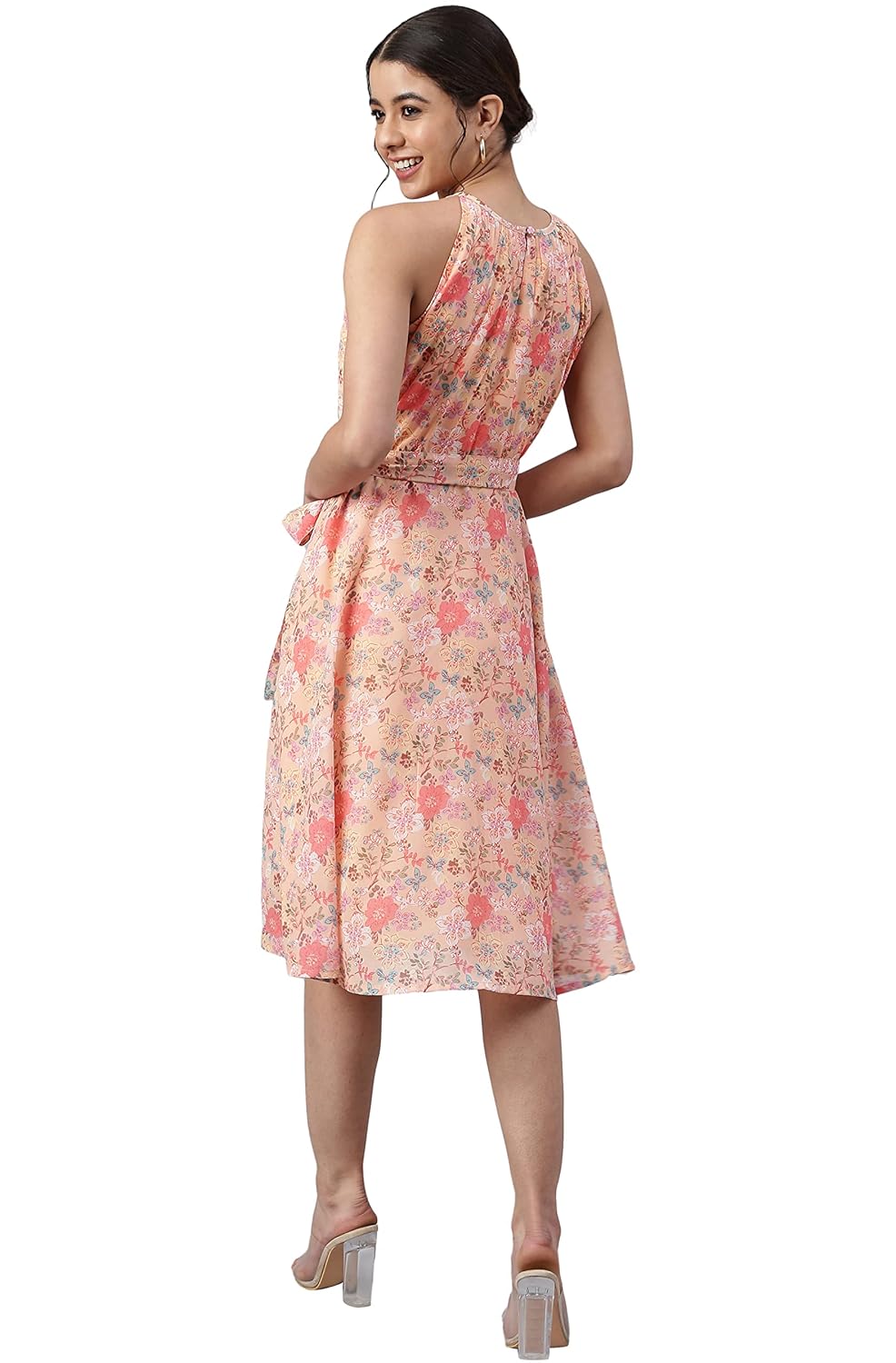 Janasya Women's Peach Georgette Floral Print Midi Dress