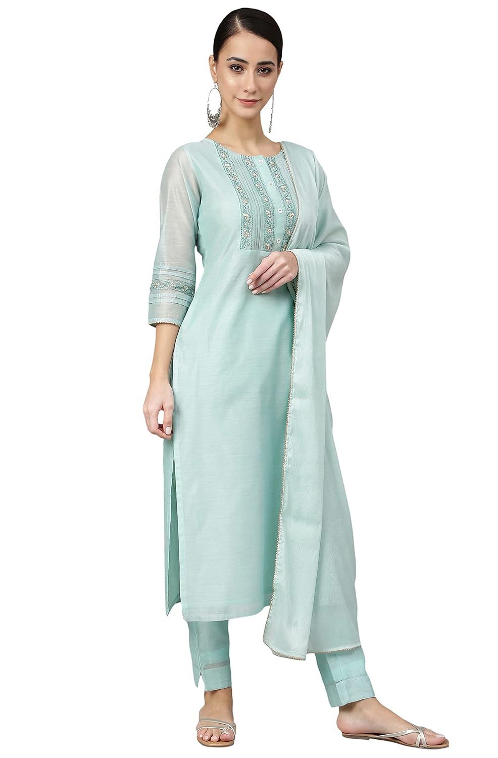 Janasya Women's Sea Blue Chanderi Silk Solid Kurta with Pant and Dupatta