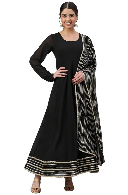 Janasya Women's Grey Poly Georgette Solid Kurta with Dupatta Black