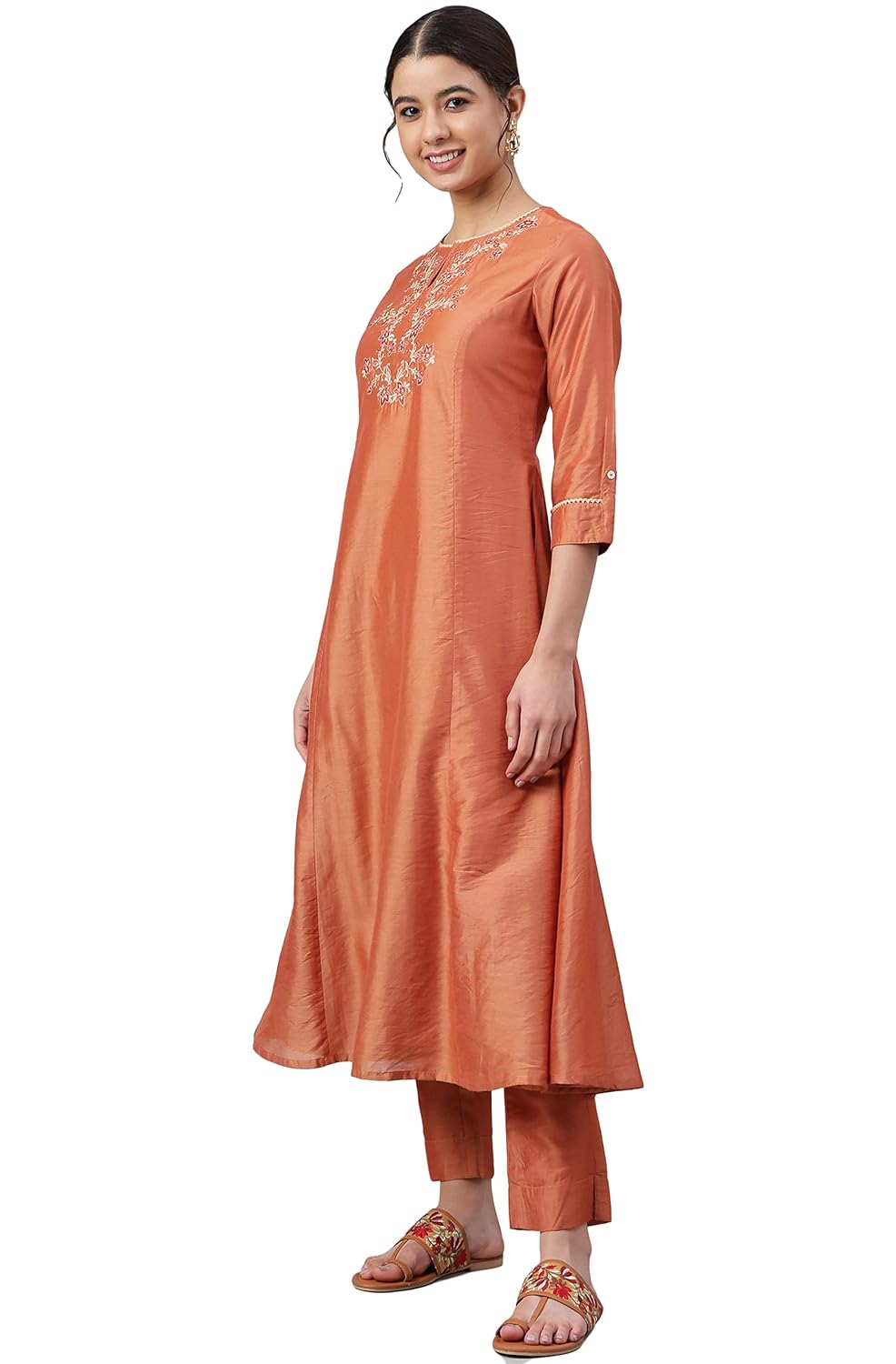Janasya Women's Rust Orange Poly Silk Embroidered Kurta with Pant