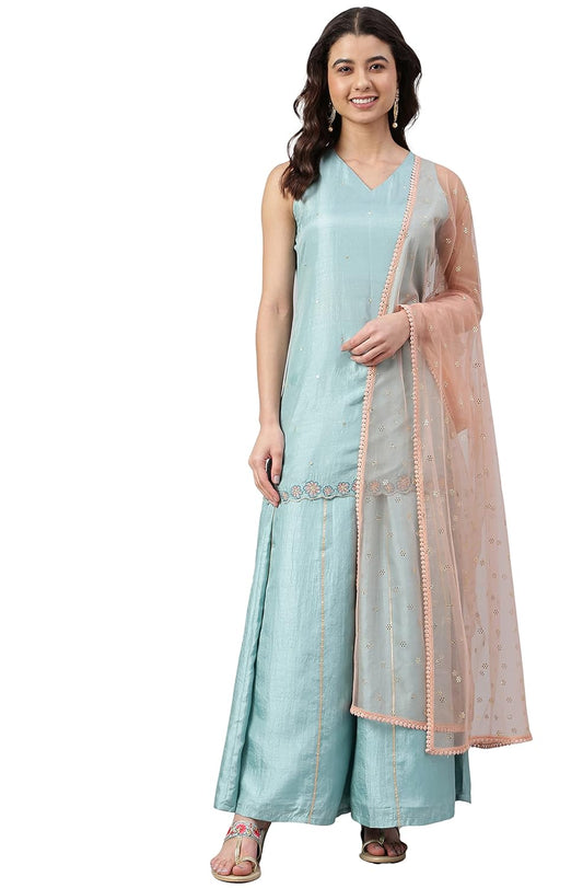 Janasya Women's Sea Green Poly Silk Embroidered Kurta with Palazzo and Dupatta