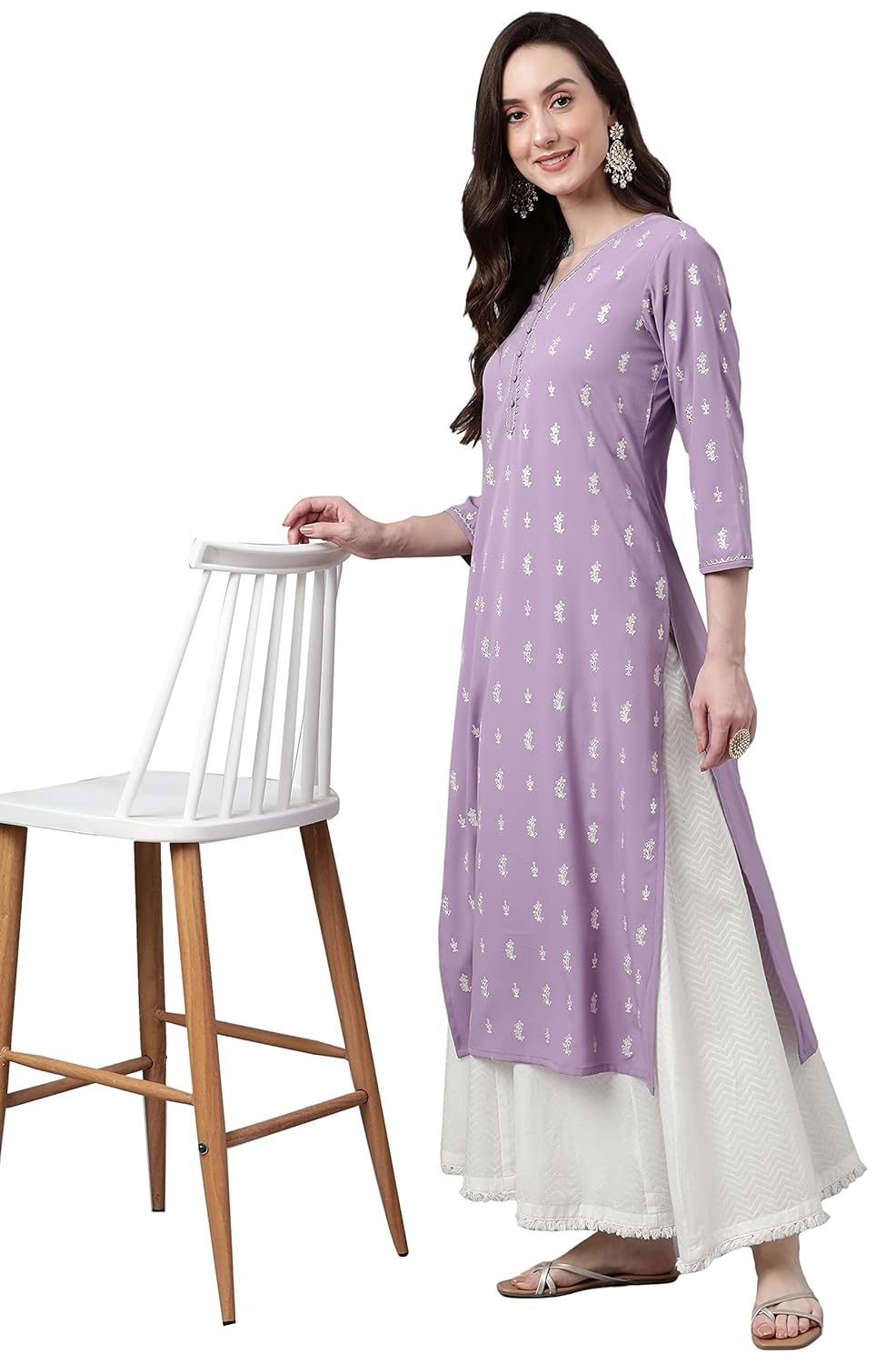 Janasya Women's Red Crepe Floral Foil Print Straight Kurta