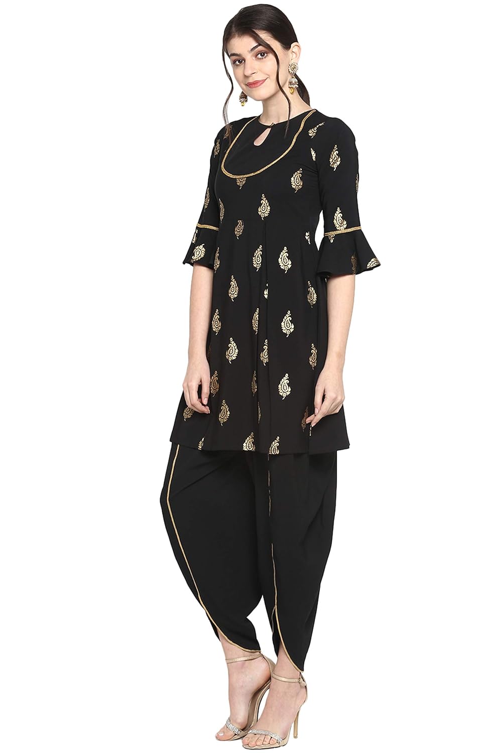 Janasya Women's Black Poly Crepe A-Line Kurti with Dhoti Pant