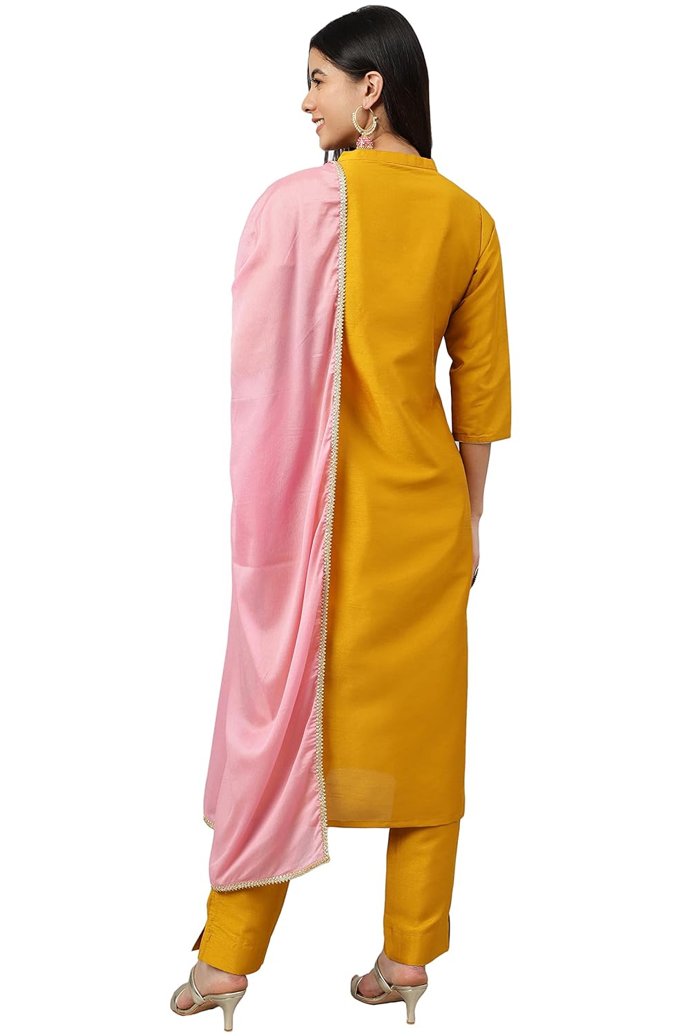 Janasya Women's Mustard Poly Silk Solid Kurta with Pant and Dupatta (Pink)