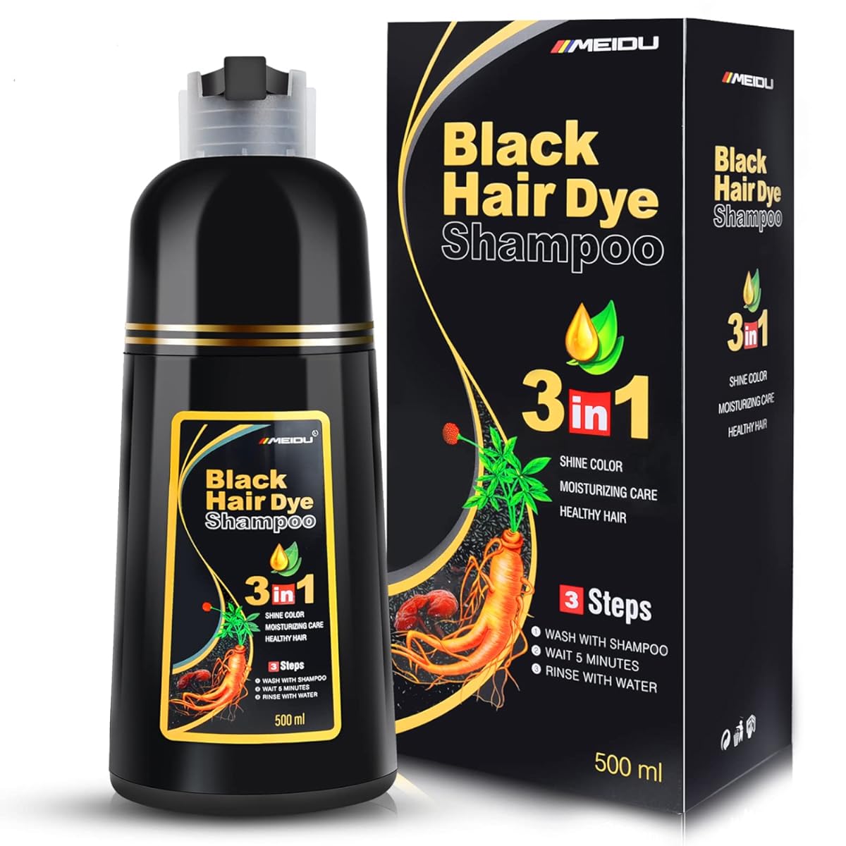 IIIMEIDU Black Hair Dye Shampoo, 3 in 1 Hair Color Shampoo for Women Men Gray Coverage, Herbal Ingredients Black Hair Dye 500ml (Black)