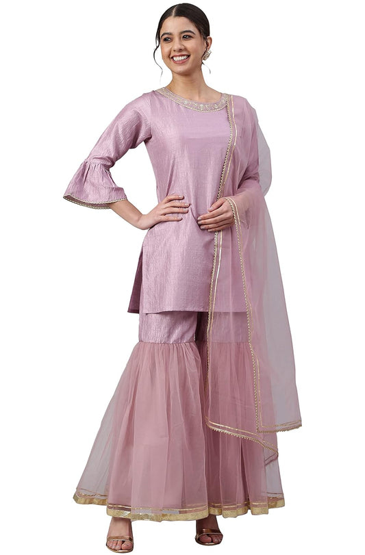 Janasya Women's Mauve Poly Silk Solid Kurta with Gharara and Dupatta