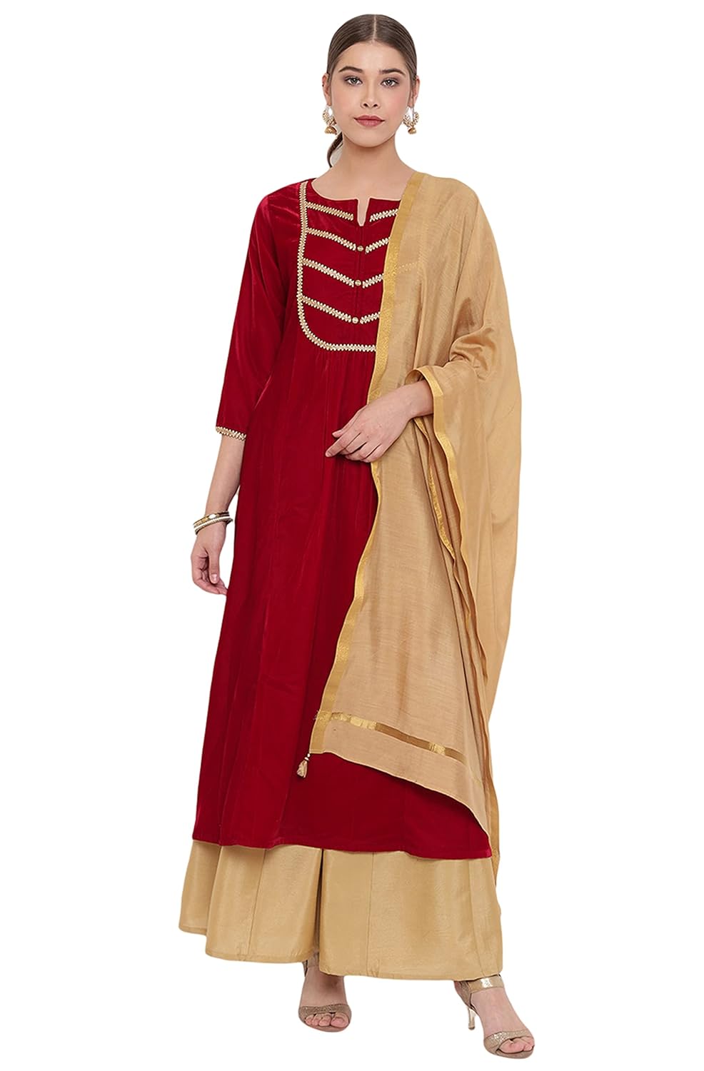 Janasya Women's Maroon Velvet Kurta With Palazzo and Dupatta