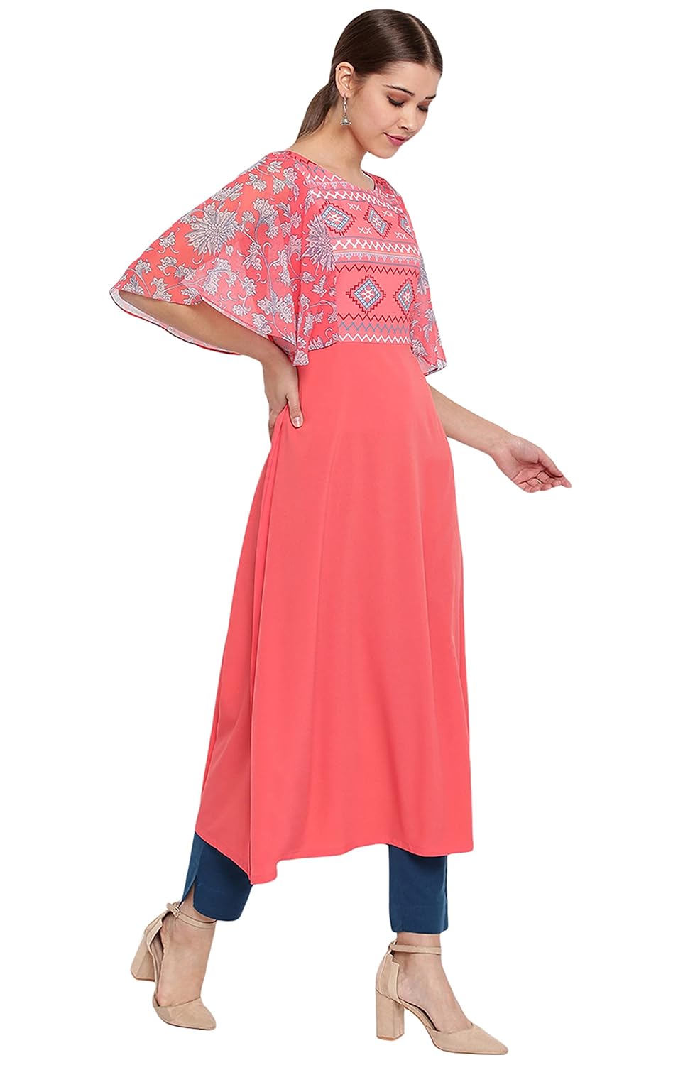 Janasya Women's Coral Poly Crepe Kurta