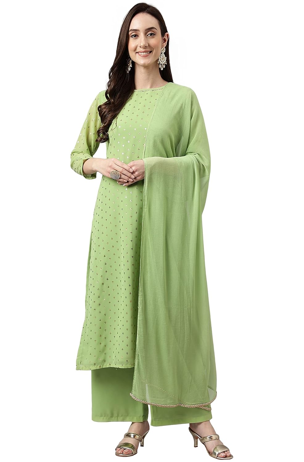 Janasya Women's Green Georgette Foil Print Kurta with Palazzo and Dupatta