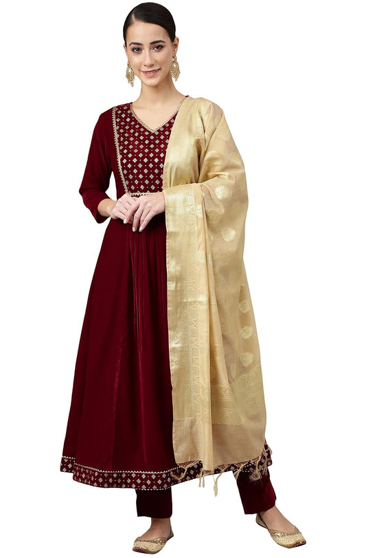 Janasya Women's Maroon Velvet Solid Kurta with Pant and Dupatta