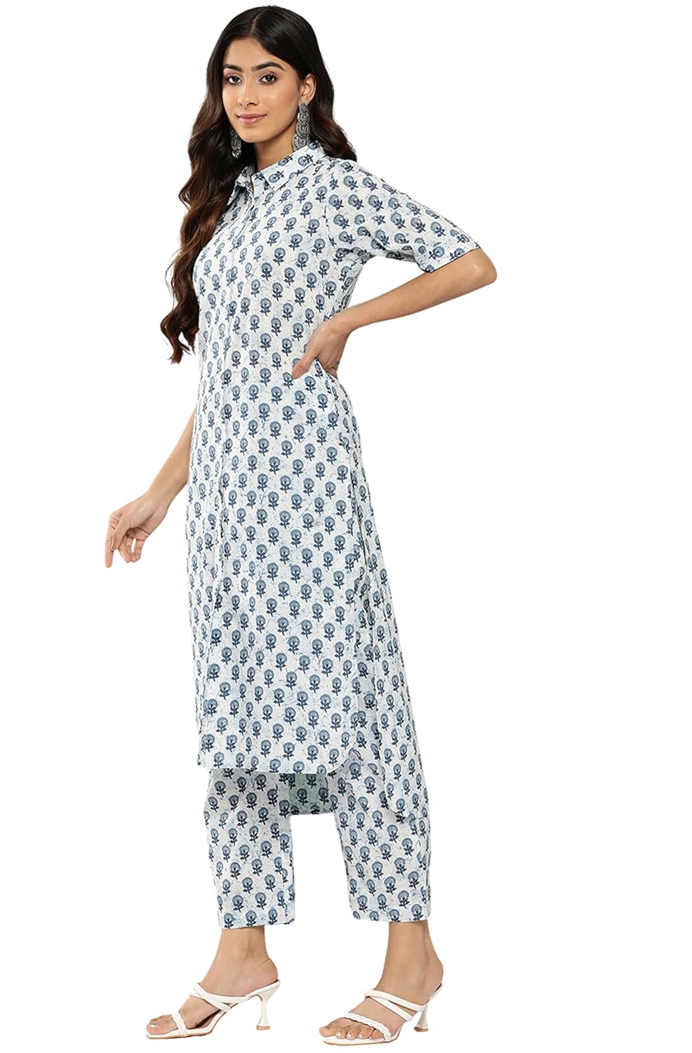 Janasya Women's White Cotton Floral Printed Co-ords Set