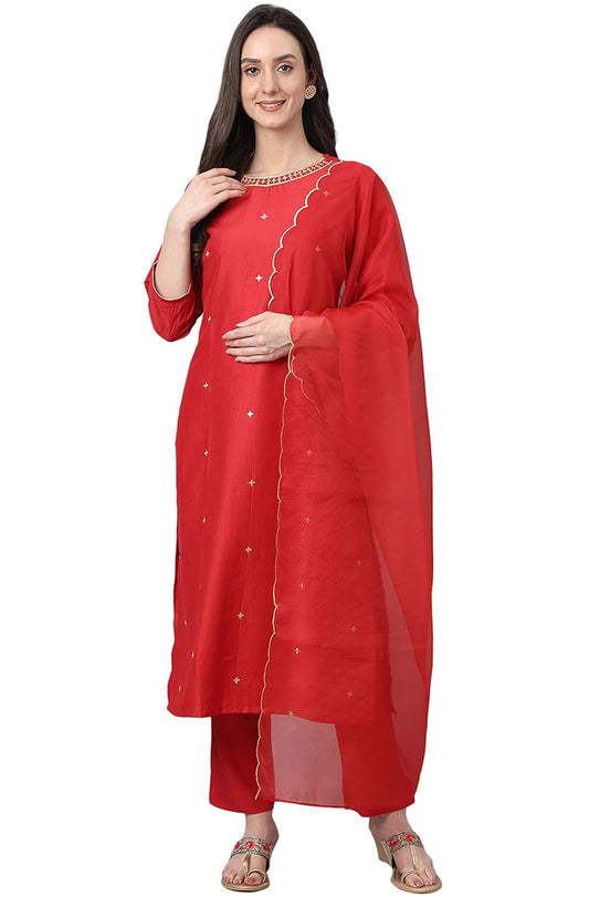Janasya Women's Red Chinon Solid Kurta with Pant and Dupatta