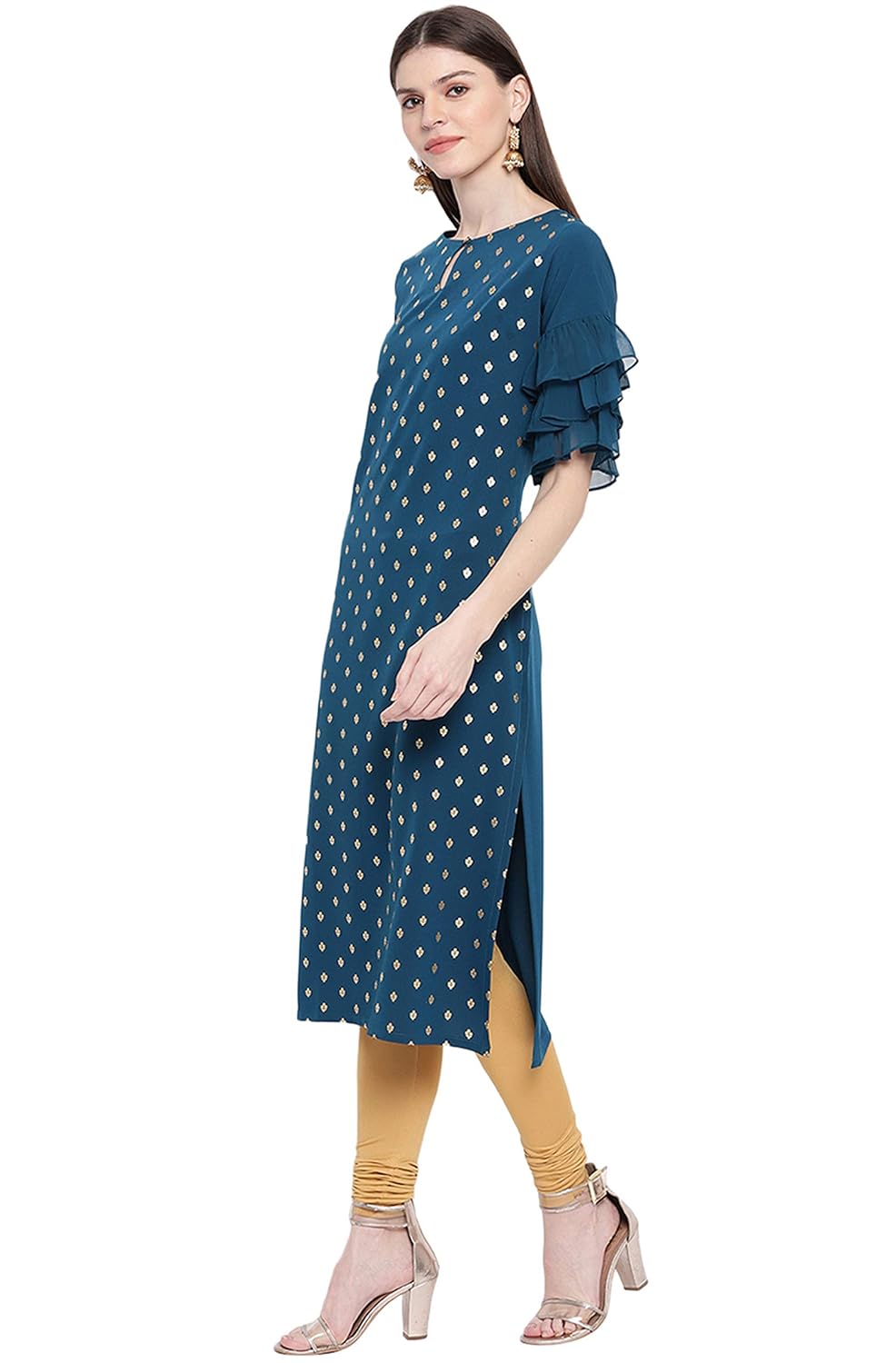 Janasya Women's Teal Poly Crepe Gold Print Straight Kurta
