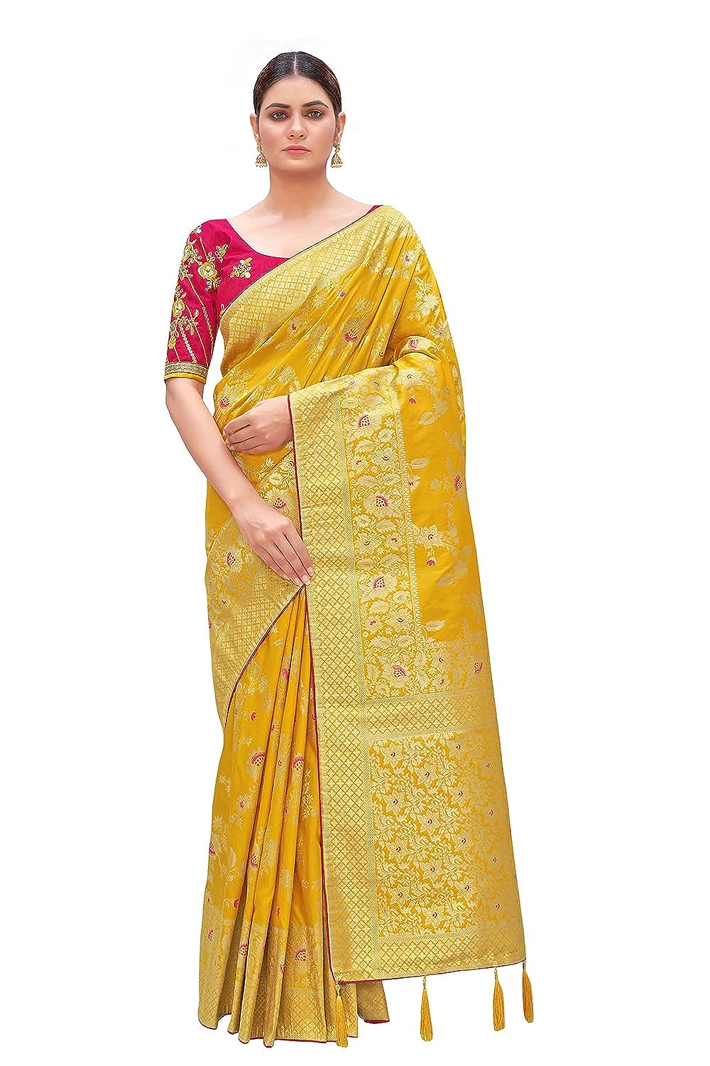 Monjolika Fashion Women's Banarasi Silk Blend Zari Woven Work With Tussles Saree & Embroidered Work Blouse Piece